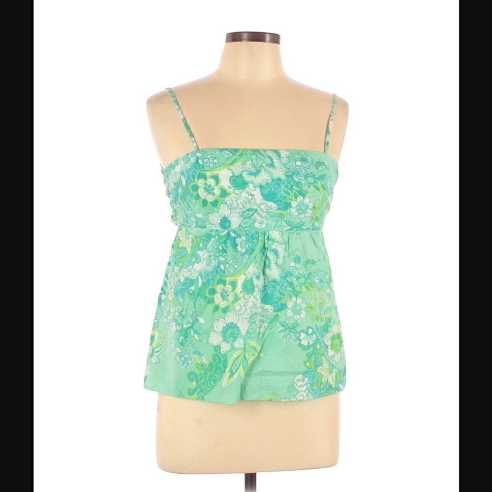 INC Tank Top 10P Y2K Babydoll Empire Waist Open Tie Back Eyelet Green Printed